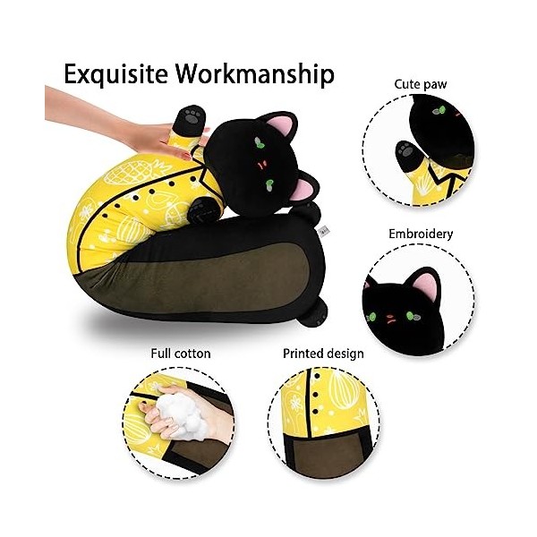 Terbaik Oreiller Peluche Chat Noir de 85cm Long, Jouets en Peluche Chat Douce, Kawaii Peluche Chat Coussin pour Enfant dès 3 