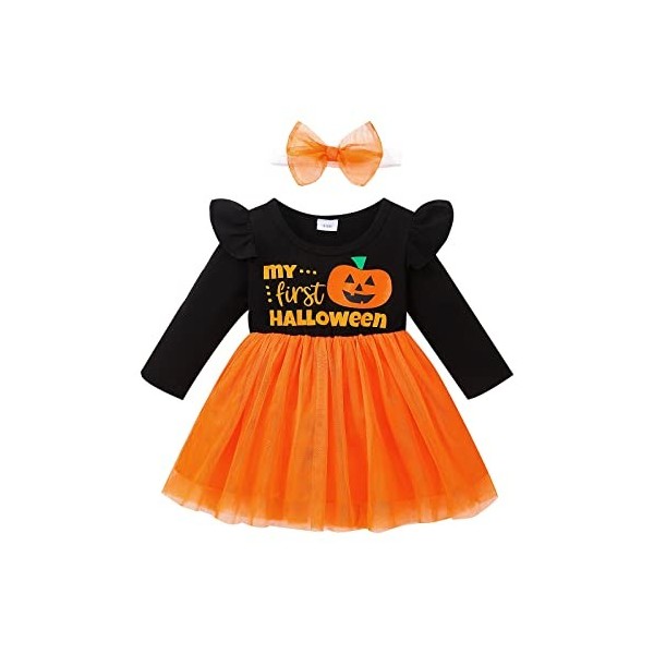 Geagodelia Robe Halloween Bébé Fille en Tulle à Manches Longues Imrimé Citrouille et Lettres avec Bandeau Costume Halloween B