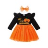 Geagodelia Robe Halloween Bébé Fille en Tulle à Manches Longues Imrimé Citrouille et Lettres avec Bandeau Costume Halloween B