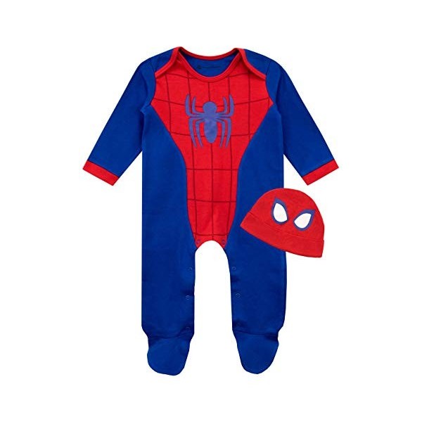 Marvel Grenouillere Bebe | Ensemble Grenouillère et Bonnet Spiderman | Pyjama Bebe pour Garcons - Bleu - 6-9 Mois