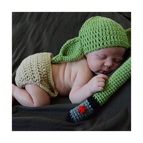 Tenue de photographie pour bébé, costume de bébé en crochet fait à la main Yoda chapeau pour nouveau-né