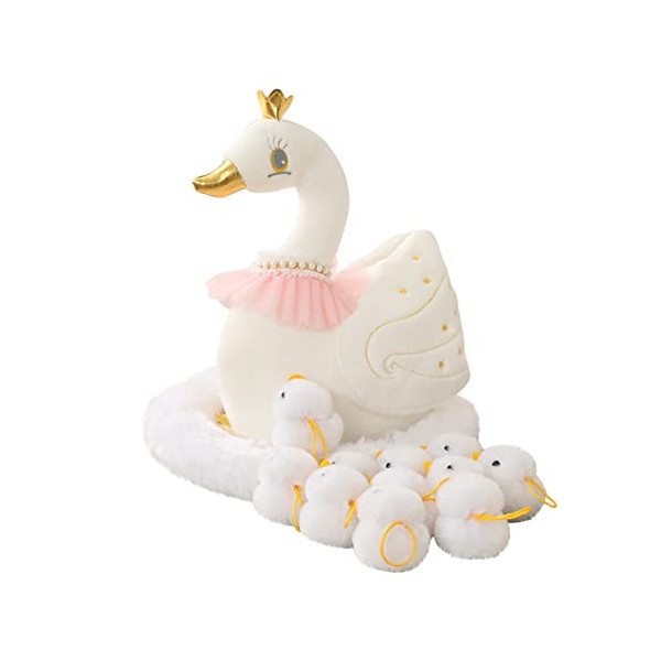 BYNYXI Peluche Cygne, 32cm Cygne en Peluche avec bébé 10 oisons Blancs en Peluche Personnages Dessin animé réaliste Cygne Pel