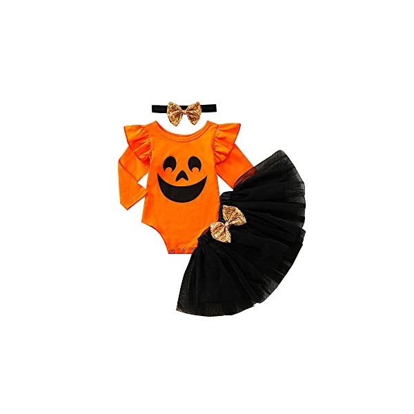 Tenue dhalloween Nouveau-né Bébé Fille Ensemble de Vêtements 3 pièces Barboteuse à Manches Longues Volants et Jupe Tutu Tull