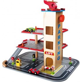Small foot 4777 Garage Rampes en bois, avec 3 étages, ascenseur et piste datterrissage pour hélicoptère, à partir de 3 ans