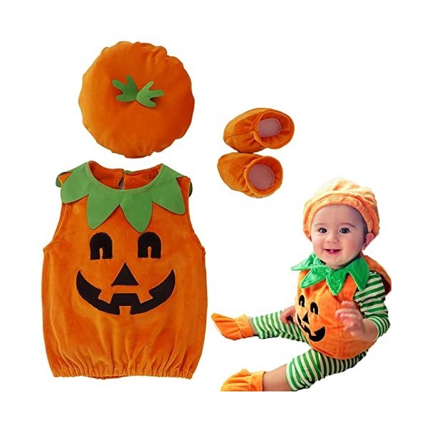 HIFOT Deguisement Citrouille Bébé,Bébé Fille Garçon Citrouille Barboteuse Chaussures Chapeau Deguisement Halloween Enfant Cos