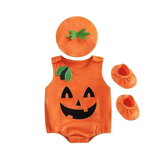 HIFOT Deguisement Citrouille Bébé,Bébé Fille Garçon Citrouille Barboteuse Chaussures Chapeau Deguisement Halloween Enfant Cos