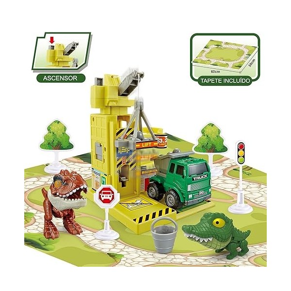 Juinsa Parking Dinosaures, avec Garage, Tapis et Accessoires. Boîte 38x7x23