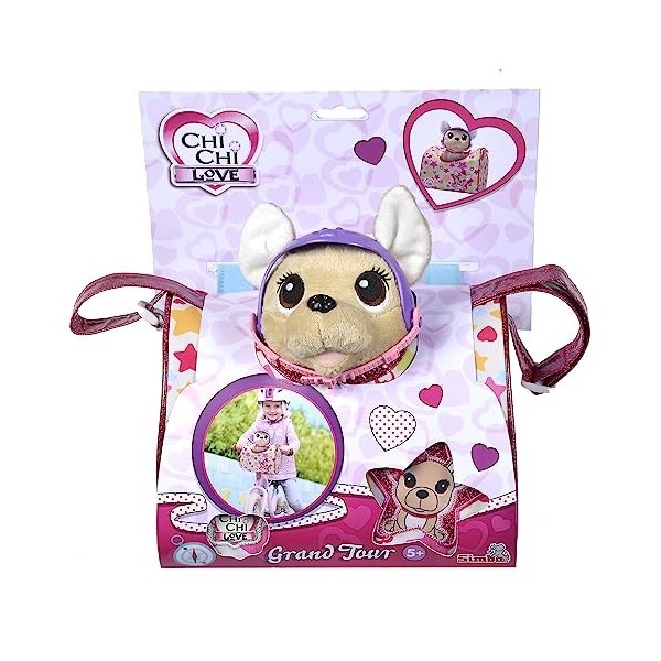 Simba, Chichi Chi Love Grand Tour Chien en Peluche Chihuahua avec Casque dans Un Sac de Transport Cool pour vélo ou Guidon de