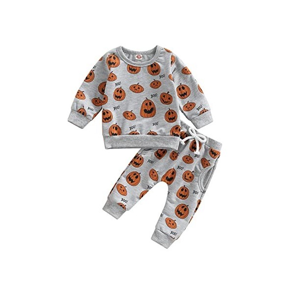 Déguisement Tenue Halloween Bébé Vêtements Imprimé Citrouille Sweat + Pantalon Costume dHalloween Ensemble 2 Pièce Nouveau-n