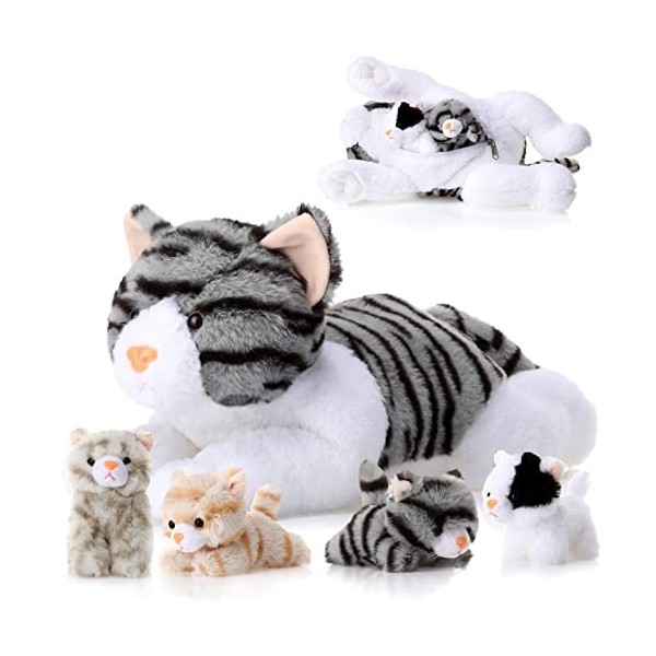 5 Pièces Animal Chat en Peluche Set de Chat en Peluche Inclure Grand Doudou Doux avec 4 Chatons en Peluche Mignons Moelleux d