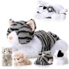 5 Pièces Animal Chat en Peluche Set de Chat en Peluche Inclure Grand Doudou Doux avec 4 Chatons en Peluche Mignons Moelleux d