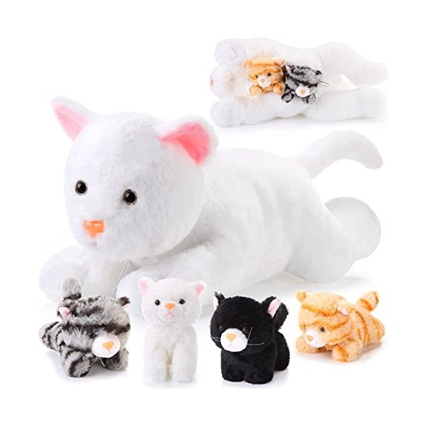 5 Pièces Animal Chat en Peluche Set de Chat en Peluche Inclure Grand Doudou Doux avec 4 Chatons en Peluche Mignons Moelleux d