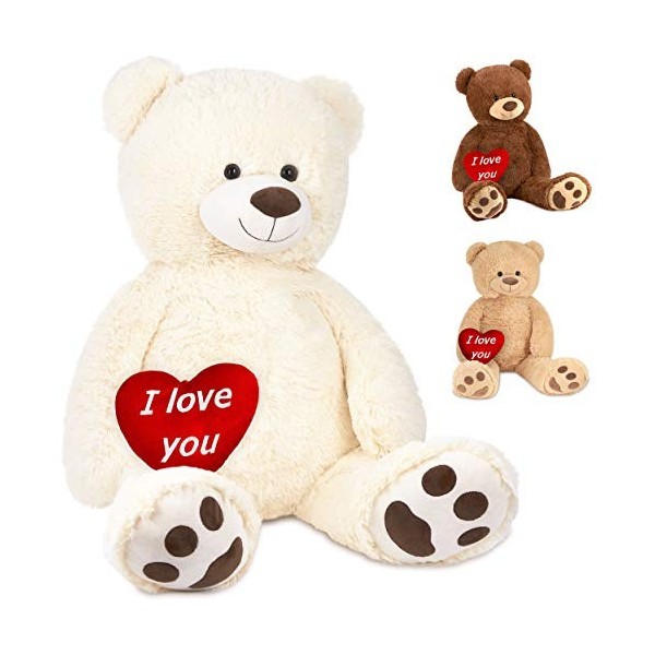 BRUBAKER Peluche géante XXL - Ours/Nounours - 100 cm - Blanc - Cœur en Peluche I Love You Inclus