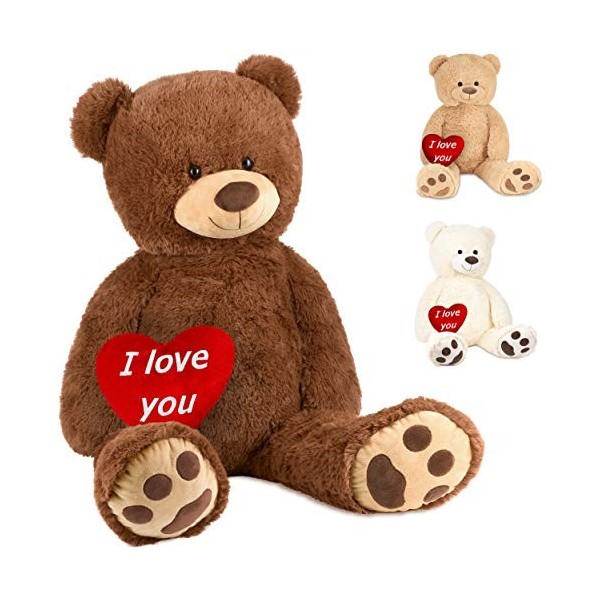 BRUBAKER Peluche géante XXL - Ours/Nounours - 100 cm - Blanc - Cœur en Peluche I Love You Inclus