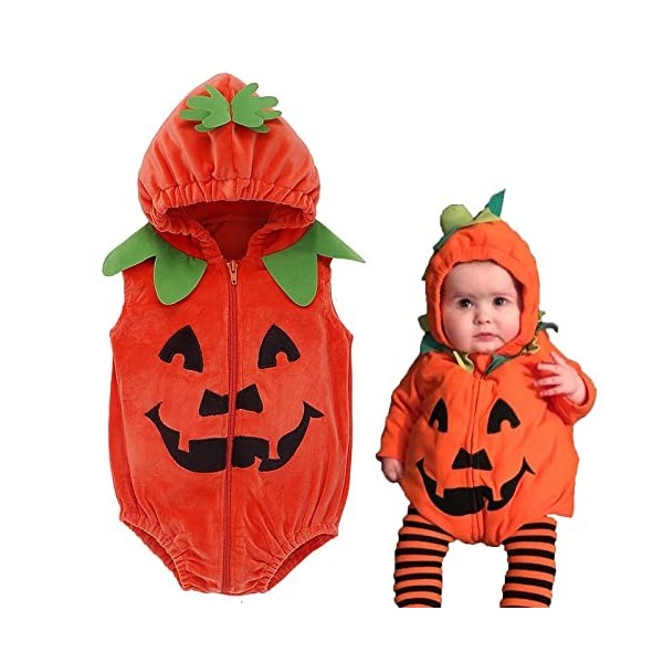 HIFOT Deguisement Citrouille Bébé,Bébé Fille Garçon Citrouille Barboteuse Chaussures Chapeau Deguisement Halloween Enfant Cos