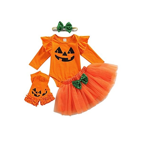 Déguisement Halloween Bébé Fille Ensemble Vêtements 4 Pièces Tenue Combinaison Imprimé Citrouille Manches Longues + Jupe Tutu