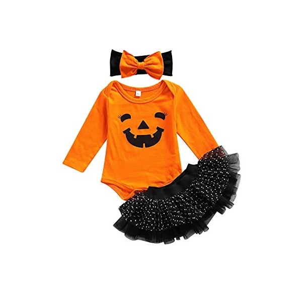 Déguisement Halloween Bébé Fille Ensemble Vêtements 4 Pièces Tenue Combinaison Imprimé Citrouille Manches Longues + Jupe Tutu