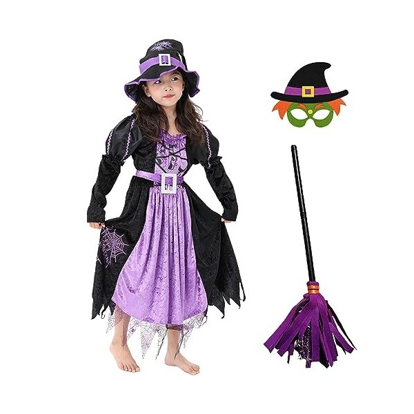 CEHNCEH Deguisement Sorciere Fille Costume Sorciere Enfant avec Chapeau SorciereBalai Masque Déguisement Sorcière Fille Degui