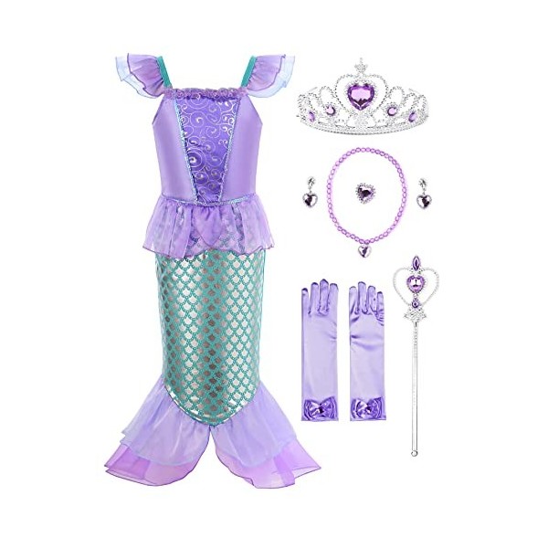 Ohlover Robe Petite Sirène Fille Déguisement de princesse dHalloween 150, Violet avec Accessoires 