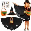 BOFUNX Cape Halloween Enfants Chapeau de Sorcier Pliable Sac Citrouille Autocollant de Visage Cape de Magicien Sac de Bonbons