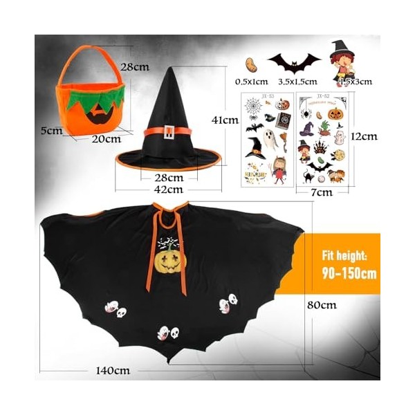 BOFUNX Cape Halloween Enfants Chapeau de Sorcier Pliable Sac Citrouille Autocollant de Visage Cape de Magicien Sac de Bonbons