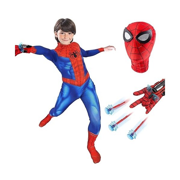 HVIERO Deguisement Spider Enfant 3-12 ans Costume Spider Enfant avec Gant Lanceur Spider Costume Cosplay Halloween Carnaval M