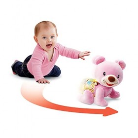 VTech - Ourson, 1,2,3 Suis-Moi, Ours Rose en Peluche Qui Marche à 4 Pattes, Motricité Bébé, Jouet Interactif et Musical, Cade