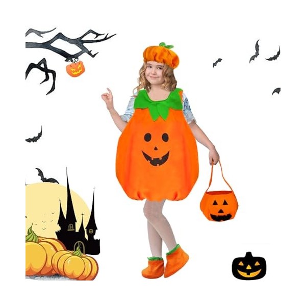 GothicBride Costume de citrouille dHalloween 4 pièces pour enfants - Cosplay avec haut de citrouille - Chapeaux - Sac à bonb