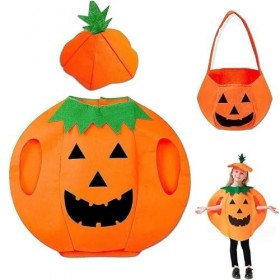 OUOQI Costume de Citrouille,Costume dHalloween pour Enfant,Costume de Citrouille avec Chapeau et sac à Bonbons,Costume Citro