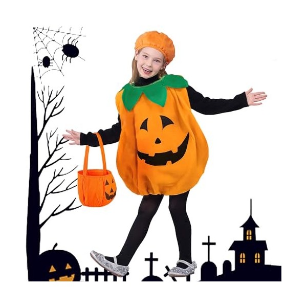 Costume de Citrouille Dhalloween avec Chapeau et Sac de Bonbons à la Citrouille, Costume de Citrouille Halloween pour Enfant