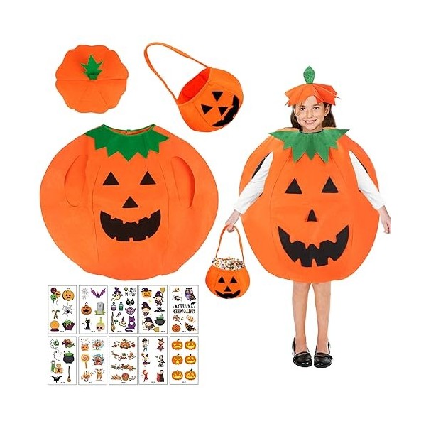 Byhsoep Costume Citrouille Enfant, Deguisement Halloween Citrouille Enfant avec Sacs de Citrouille et 10 Tatouages dHallowee