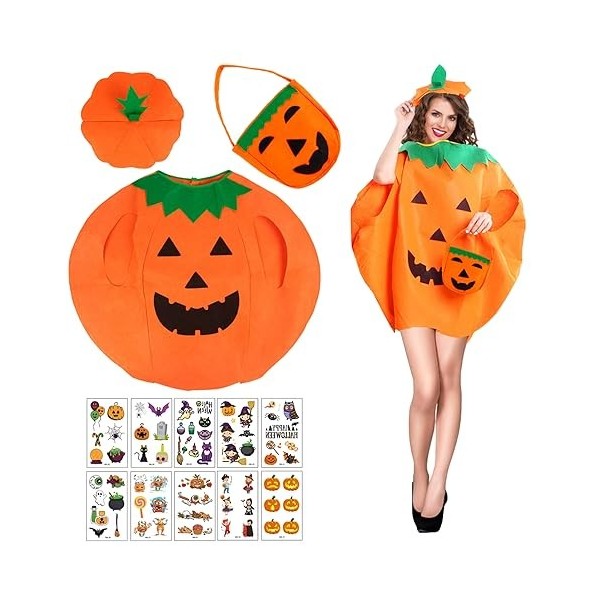 Byhsoep Costume Citrouille Enfant, Deguisement Halloween Citrouille Enfant avec Sacs de Citrouille et 10 Tatouages dHallowee