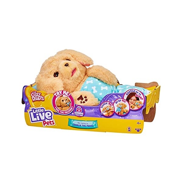 Little Live Pets Charlie Cozy Dozys Puppy Interactive Cuddly Dog Toy with Sounds, Bedtime Cuddles, Pacifier Blanket Included.