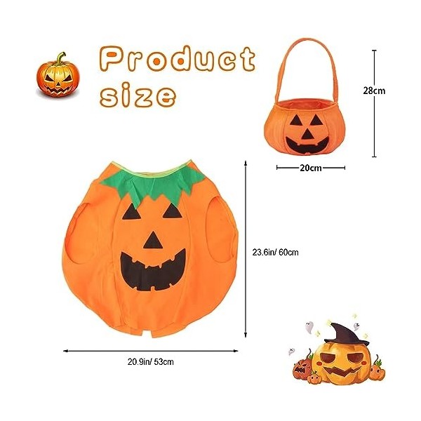 Costume Halloween Enfant Citrouille - Robe + Chapeau + Sac à Bonbons - Taille 100 Ou 120 (3-10 Ans) - Matière Douce