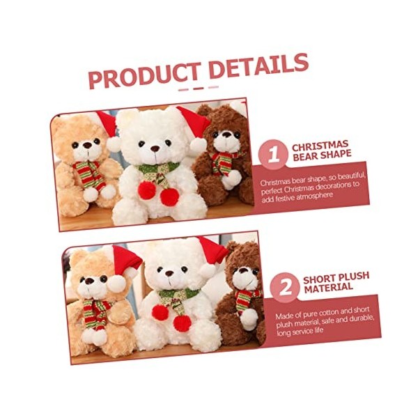 Toyvian 3 Pièces Ours De Noël Mignon Animal en Peluche Animal en Peluche De Noël Poupée en Peluche Ours en Peluche De Noël Ou