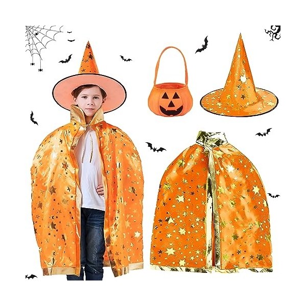 ACTOYS Costume Halloween Enfant, Cape de Sorcier Avec Chapeau et Citrouille Sac de Bonbons, Cape Halloween Enfant, Deguisemen