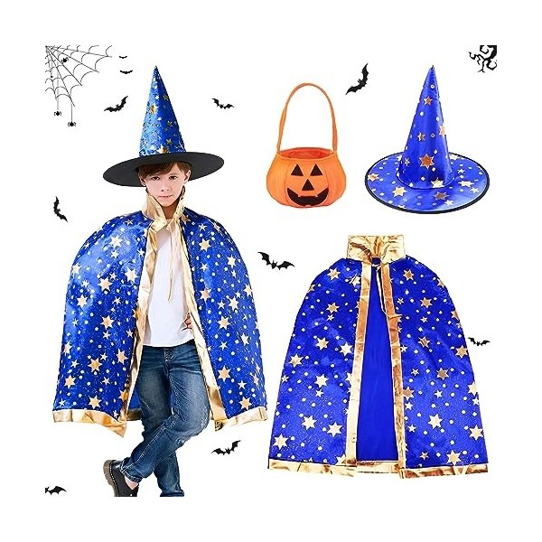 ACTOYS Costume Halloween Enfant, Cape de Sorcier Avec Chapeau et Citrouille Sac de Bonbons, Cape Halloween Enfant, Deguisemen