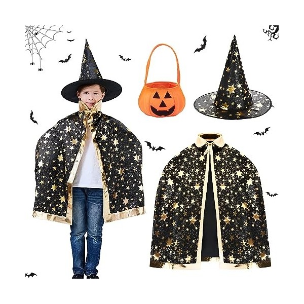 ACTOYS Costume Halloween Enfant, Cape de Sorcier Avec Chapeau et Citrouille Sac de Bonbons, Cape Halloween Enfant, Deguisemen