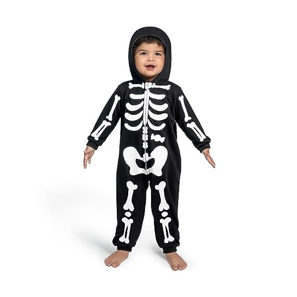 Spooktacular Creations Pyjama squelette unisexe pour bébé, combinaison à capuche noire zippée en peluche, costume dHalloween