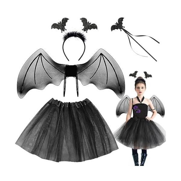 Costume de chauve-souris 4 pièces - Costume de fée pour enfant avec jupe en tulle, ailes, baguette magique et serre-tête, jup