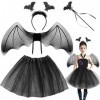 Costume de chauve-souris 4 pièces - Costume de fée pour enfant avec jupe en tulle, ailes, baguette magique et serre-tête, jup