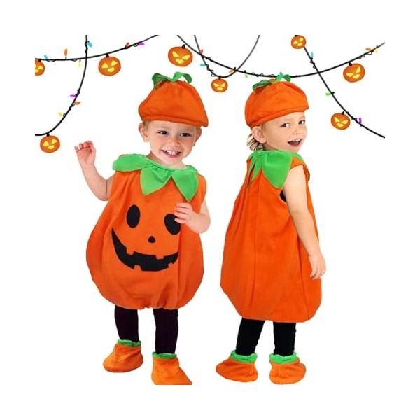 Bibykivn Costume de Citrouille pour Enfant, Déguisement Halloween Citrouille, Déguisement de Pumpkin avec Chapeau, Vêtements,