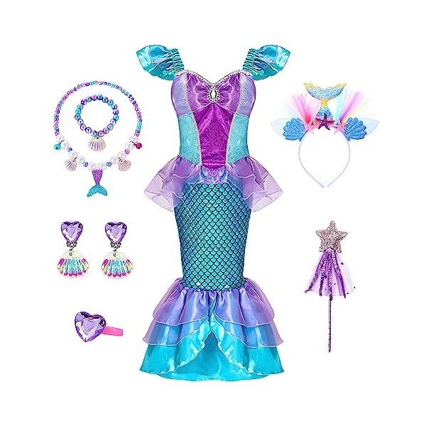 HOUSTAR Deguisement Sirène Fille, Déguisement Ariel la Petite Sirène avec  Accessoires de Sirène, Robe Princesse Fille, Robe d