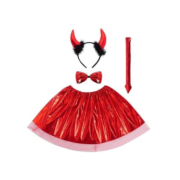 jerbro Lot de 4 déguisements de diable diable pour fille, cornes, diable, bandeau, nœud papillon, queue tutu pour Halloween, 