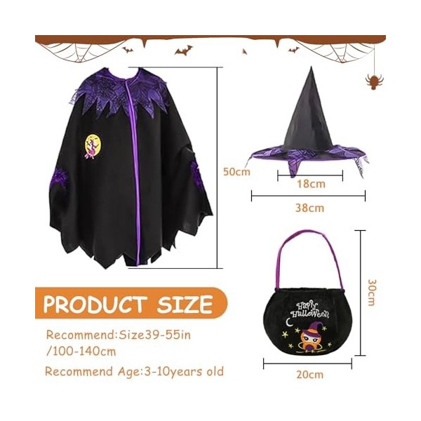NHYDZSZ Costume de Sorcière Halloween pour Enfant, Costume de Sorcière Fille, Déguisement de Sorcière Cape Fille avec Sorcièr