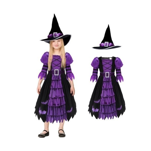 Kitimi Deguisement Sorciere Fille, Deguisement Halloween Fille, Costume de Sorcière Magique Enfant Fille, Robe Longue avec Ch