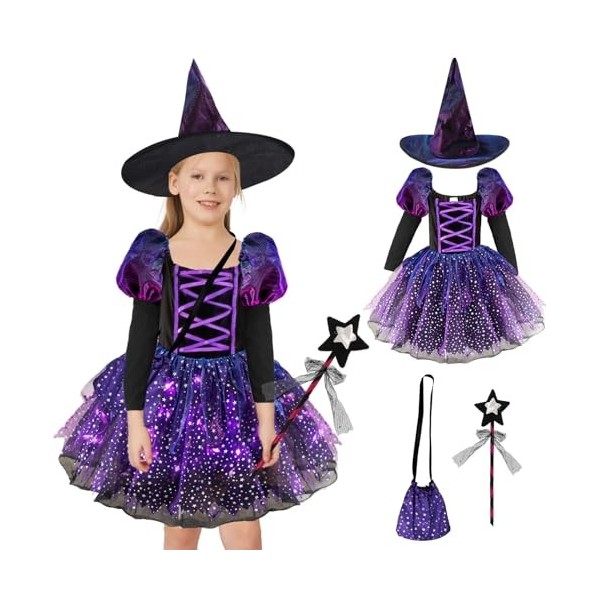 Kitimi Deguisement Sorciere Fille, Deguisement Halloween Fille, Costume de Sorcière Magique Enfant Fille, Robe Longue avec Ch