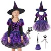 Kitimi Deguisement Sorciere Fille, Deguisement Halloween Fille, Costume de Sorcière Magique Enfant Fille, Robe Longue avec Ch