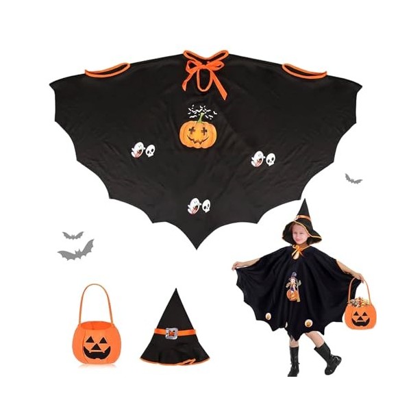 Costume dHalloween Enfant, Cape de Sorcière avec Chapeau, Cape de Sorcier Enfant, Citrouille Cape Halloween Deguisement, Cap