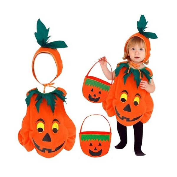 BGTLJKD Costume de Citrouille pour Enfant Costumes de Citrouille dHalloween Déguisement de Citrouille avec Chapeau et Sacs à